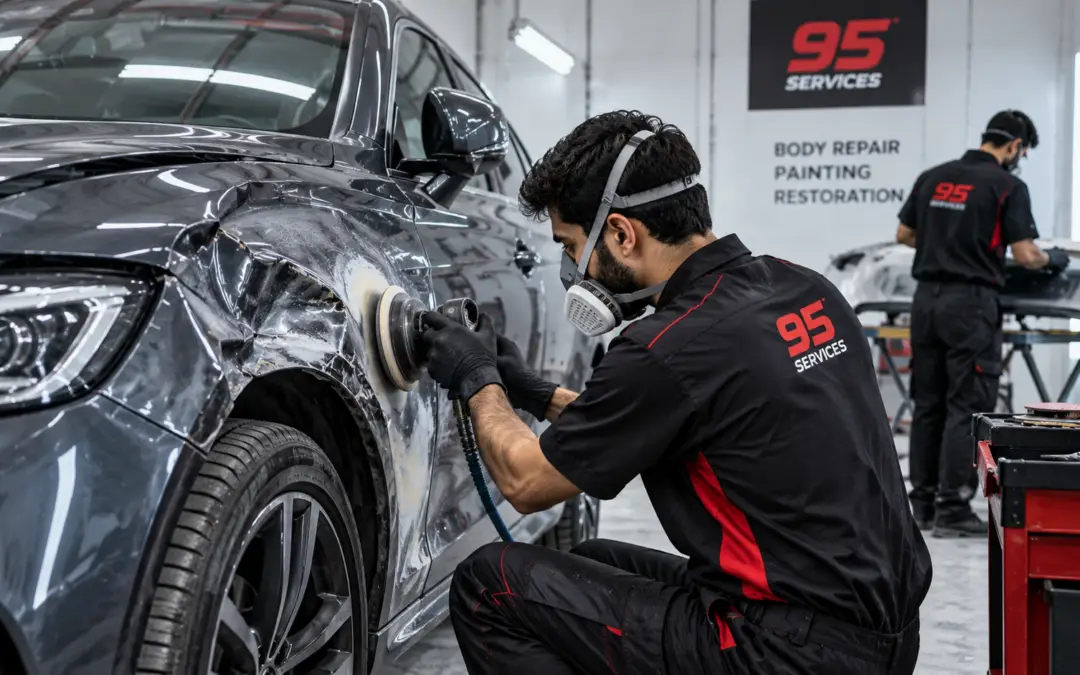 Technician repairing accident-damaged car body panel at 95 Services Dubai.
