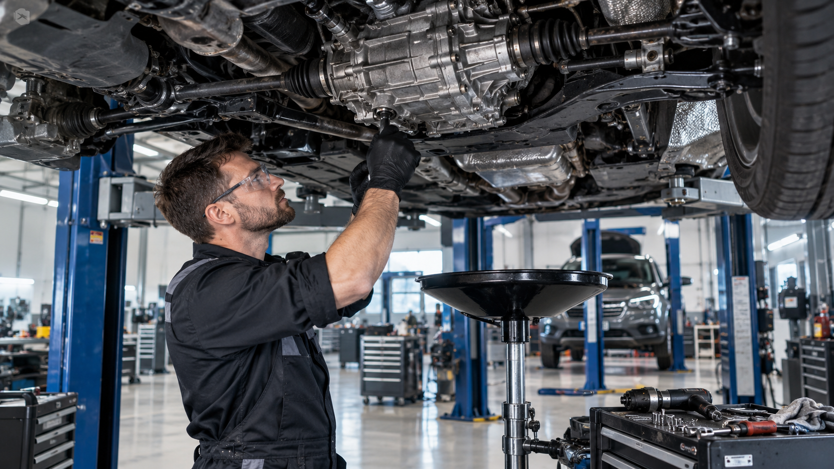 Technician carrying out drivetrain and gearbox service